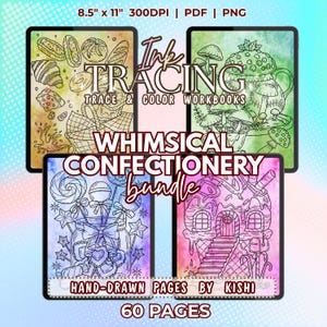 May include: A digital bundle of Ink Tracing Trace & Color Workbooks featuring 60 hand-drawn pages by Kishi. The Whimsical Confectionery bundle includes four tablet displays showing line art of baked goods, mushrooms, lollipops, and a candy house.