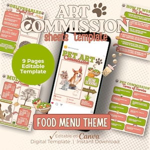 May include: A digital art commission template with a food menu theme. The design features a smartphone displaying a pet art commission, surrounded by informational sheets. The text includes "9 Pages Editable Template" and "Editable on Canva".