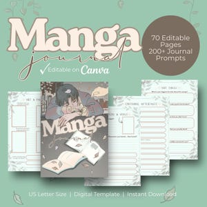 Könnte beinhalten: Eine digitale Manga-Journal-Vorlage mit 70 bearbeitbaren Seiten und über 200 Journal-Prompts. Das Cover zeigt eine Illustration einer Person, die auf einem Buch ruht, mit dem Text Manga Journal. Enthält Seiten im US-Letter-Format mit Abschnitten für Kunst, emotionalen Nachgeschmack und heiße Takes.