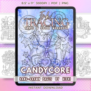 Peut inclure: Une tablette numérique affichant un cahier d'exercices de traçage et coloriage avec une illustration au trait sur le thème des bonbons, montrant un bocal rempli de sucettes et d'étoiles avec un grand nœud. Le texte indique 8.5" x 11" 300DPI, PDF, PNG, CANDYCORE et Hand-Drawn Pages by Kishi.