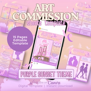 Könnte beinhalten: Eine digitale Kunstkommissionsvorlage im lila Sonnenuntergangs-Design. Das Bild zeigt ein Smartphone, das ein Beispiel für ein Kommissionsblatt anzeigt, umgeben von anderen Beispielen. Der Text enthält "Art Commission" und "Editable on Canva."
