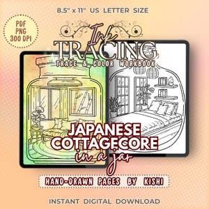 May include: Digital ink tracing workbook featuring two black and white line art illustrations of rooms inside glass jars. The text reads Ink Tracing Trace & Color Workbook, Japanese Cottagecore in a jar, and Hand-drawn pages by Kishi. 21.59 cm x 27.94 cm size.