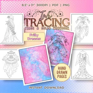 Frilly Dresses Hand Drawn Ink Tracing and Coloring Book, Fashion Design Outfits Drawing and Painting Outline | Procreate and E-Ink Workbook