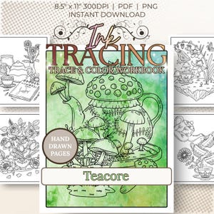 Pode incluir: Um livro de exercícios digital intitulado Ink Tracing Trace & Color Workbook Teacore com páginas desenhadas à mão de cogumelos e bules. A capa apresenta um fundo em aguarela verde com um desenho de linha de um bule em forma de cogumelo. 8,5" x 11" 300DPI PDF PNG.