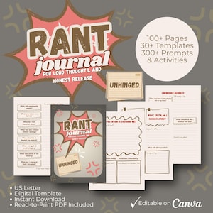 Puede incluir: Un diario con el título "RANT journal" en un diseño rojo y marrón. El diario es para pensamientos fuertes y liberación honesta. La imagen incluye páginas con indicaciones y actividades, y el texto "UNHINGED". Es una plantilla digital.