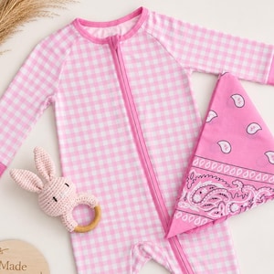 Pink Classic Gingham Zipper Footie Pajamas | Soft Bamboo Sleepwear | Newborn Baby Gift Set | Cozy Infant Romper | Gender Neutral Baby Outfit image 1