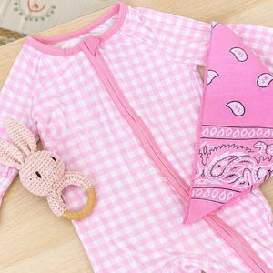 Pink Classic Gingham Zipper Footie Pajamas | Soft Bamboo Sleepwear | Newborn Baby Gift Set | Cozy Infant Romper | Gender Neutral Baby Outfit image 2
