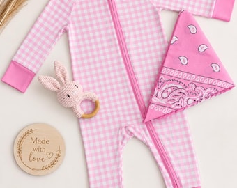 pyjama rose classique avec fermeture éclair à carreaux vichy | Vêtements de nuit en bambou doux | Coffret cadeau pour nouveau-né | Barboteuse confortable pour bébé | Tenue pour bébé neutre en matière de genre