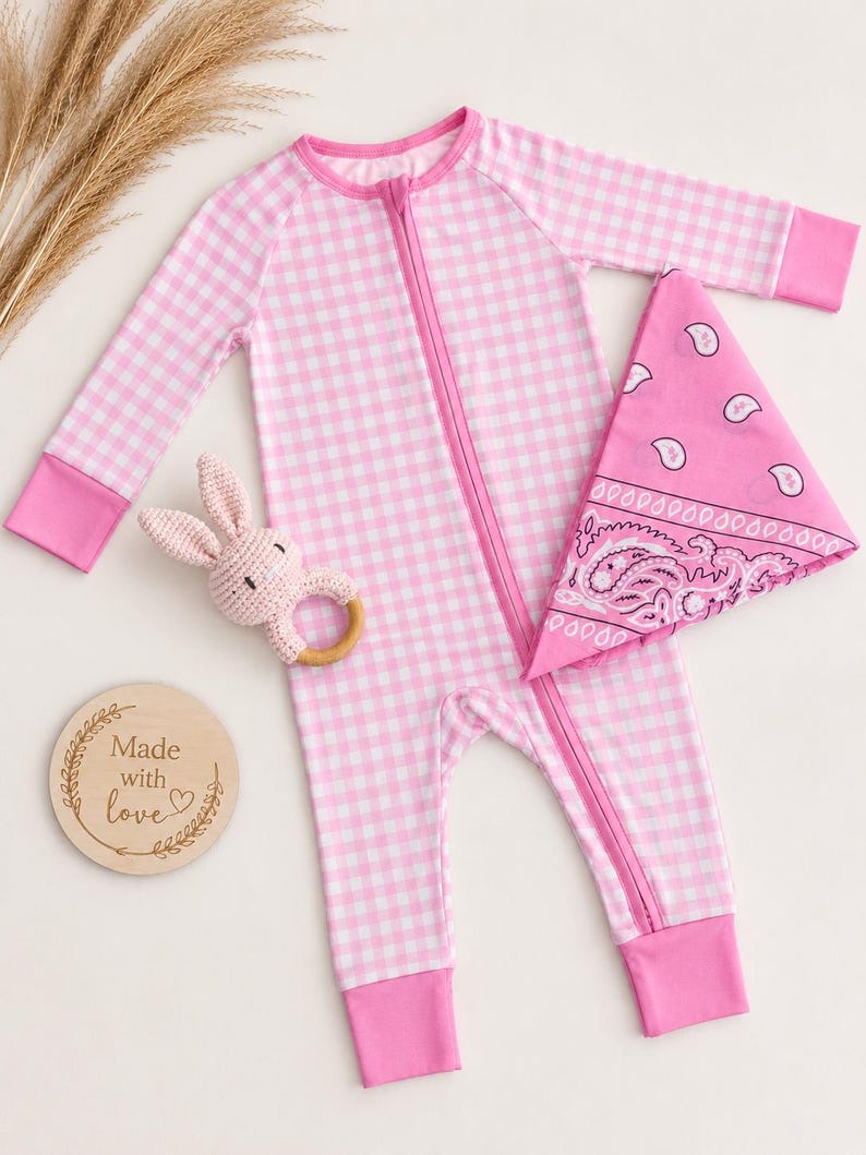 Pink Classic Gingham Zipper Footie Pajamas | Soft Bamboo Sleepwear | Newborn Baby Gift Set | Cozy Infant Romper | Gender Neutral Baby Outfit image 1