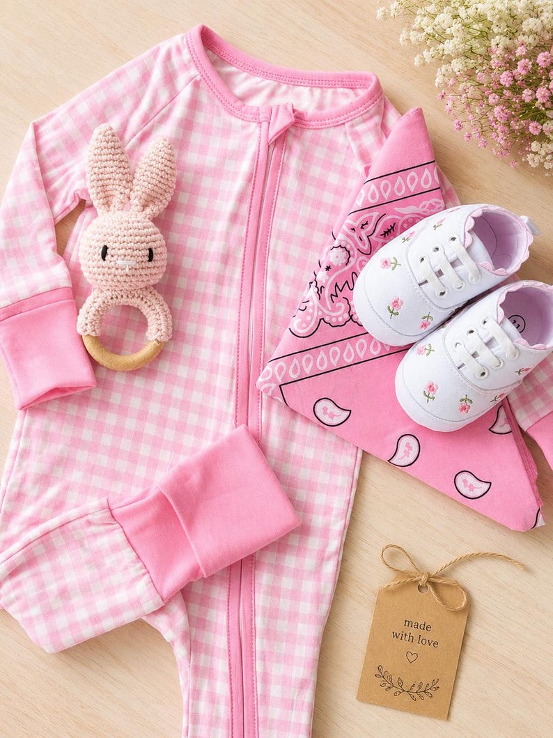 May include: A baby clothing set in pink and white gingham includes a zippered onesie, a bandana, and a pair of white shoes with floral embroidery. A crochet bunny rattle and a tag that says "made with love" complete the set.