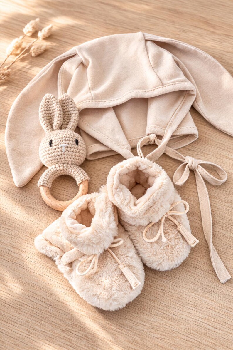 gender neutral boy girl baby gift set with bunny ears and booties. baby gift set ideas