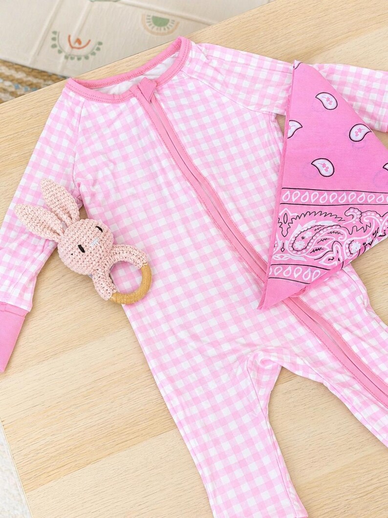 Pink Classic Gingham Zipper Footie Pajamas | Soft Bamboo Sleepwear | Newborn Baby Gift Set | Cozy Infant Romper | Gender Neutral Baby Outfit image 2