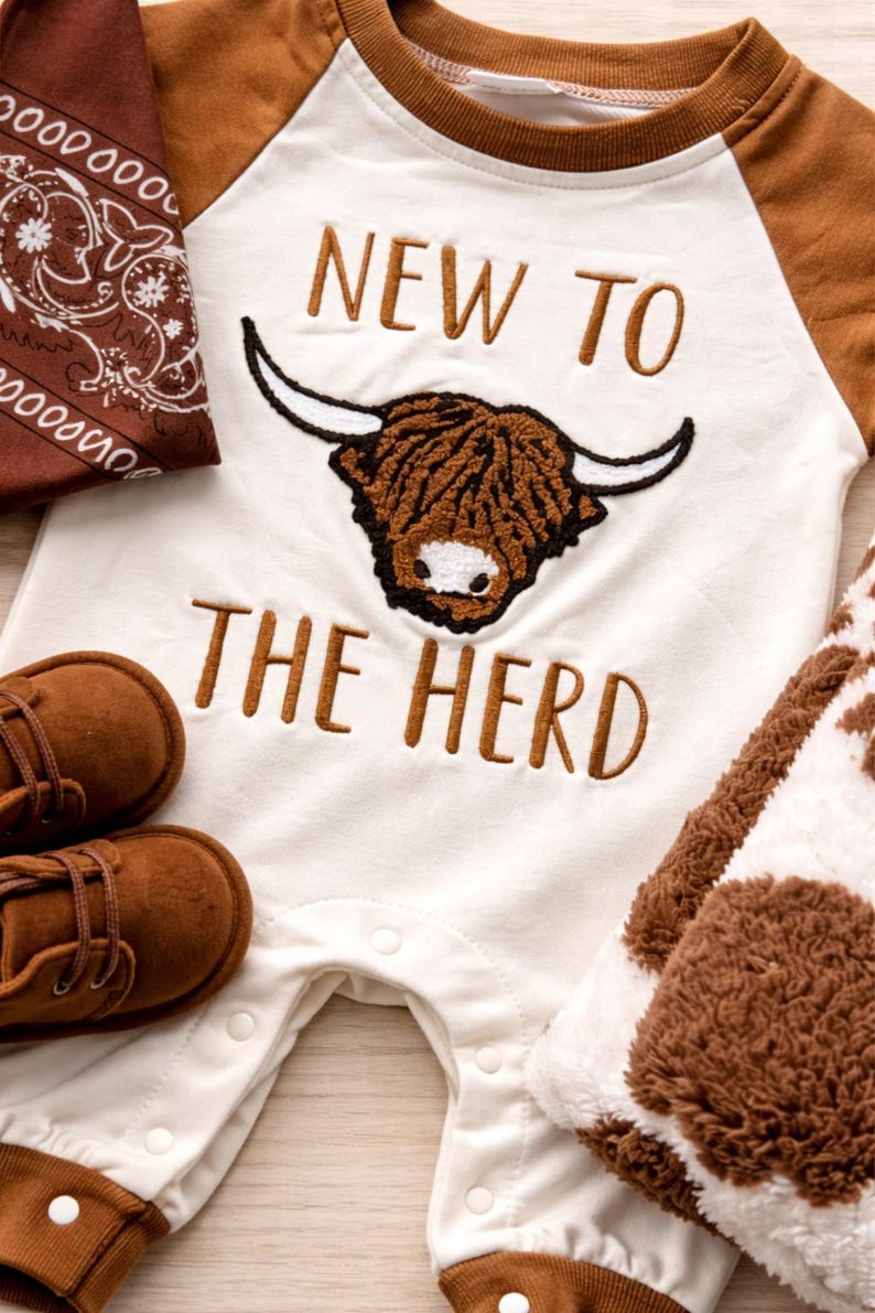 Peut inclure: Ensemble de v&ecirc;tements pour b&eacute;b&eacute; blanc et marron avec un motif de vache des Highlands. L'ensemble comprend une barboteuse avec le texte "NEW TO THE HERD", des chaussures marron, un bandana et une couverture &agrave; imprim&eacute; vache.