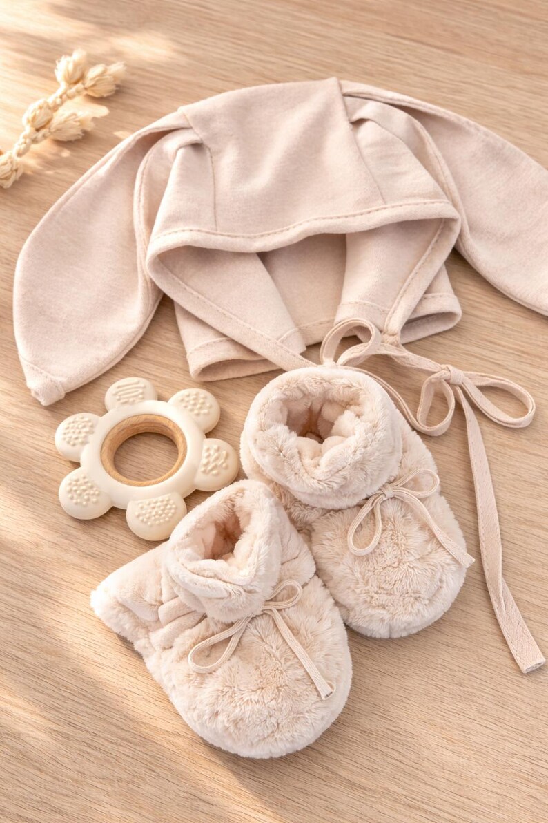 gender neutral boy girl baby gift set with bunny ears and booties. baby gift set ideas