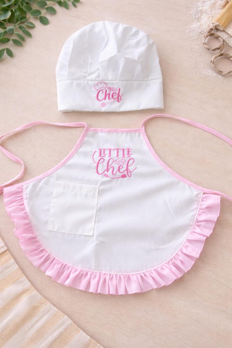 Little Chef Apron and Hat Set – Pink Ruffle Toddler Cooking Costume image 2