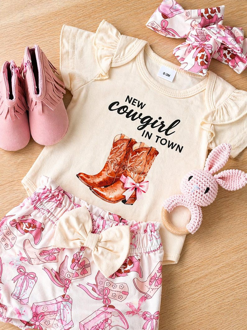 A cream-coloured pink ruffled baby outfit set with a "New Cowgirl in Town" graphic, featuring cowboy boots. The set includes a onesie, shorts, two headbands, pink fringed booties, and a pink bunny rattle. The shorts have a bow. baby girl gift box ideas. pink cowgirl gifts set. Texas baby girl gifts. southern baby girl gift. farm baby girl gift. affordable baby girl gift. Oklahoma baby girl gift. Montana baby girl gift. Wyoming baby girl gift. Indian girl gift. baby shower gift. baby blanket