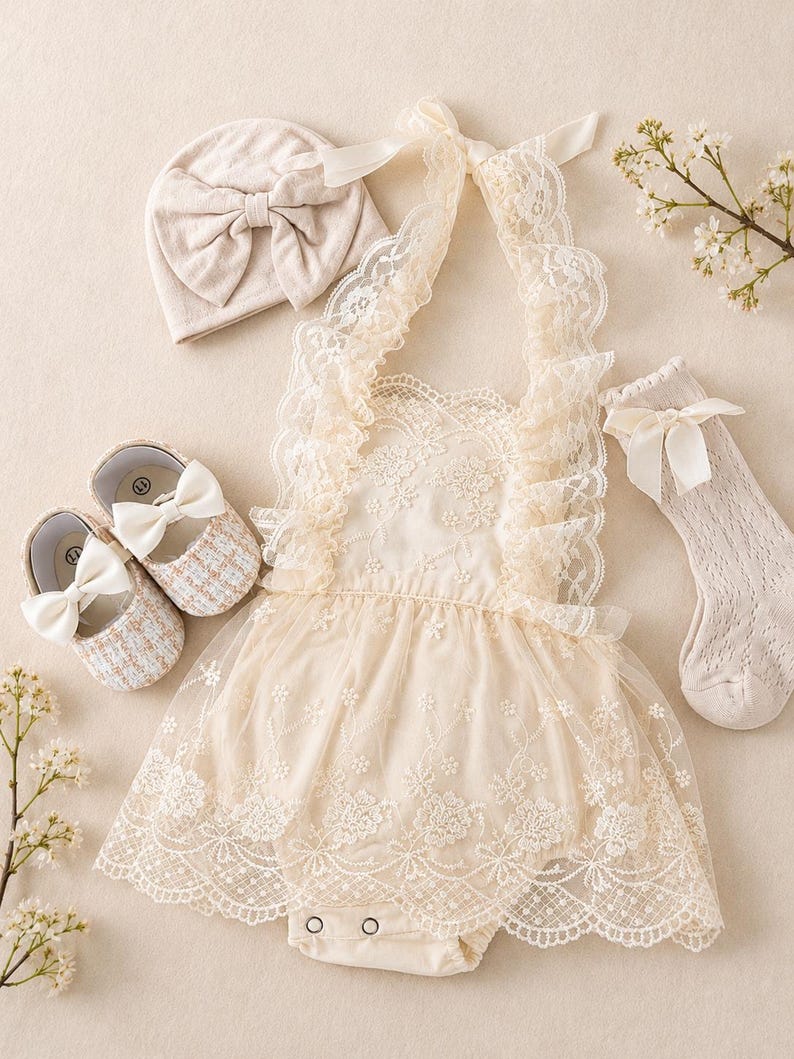May include: A cream-colored baby outfit set featuring a lace romper, a matching hat with a bow, socks with a bow, and a pair of shoes with bows. The outfit is designed with delicate lace details and a soft, neutral color palette.