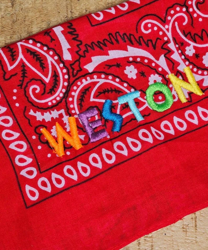 rainbow colored name embroidery. name embroidered on a paisley cowboy western bandana. party bandana, kids party bandana embroidery .