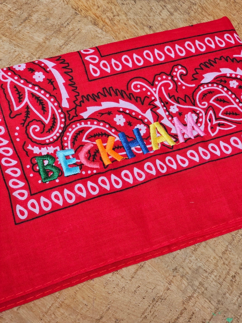 rainbow colored name embroidery. name embroidered on a paisley cowboy western bandana. party bandana, party favors