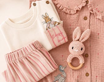 Storybook Bunny Baby Outfit, Boutique Baby Girl Gift, Vintage baby Heirloom Pajama, Baby Girl baby Shower Gift, Classic Cottagecore Baby