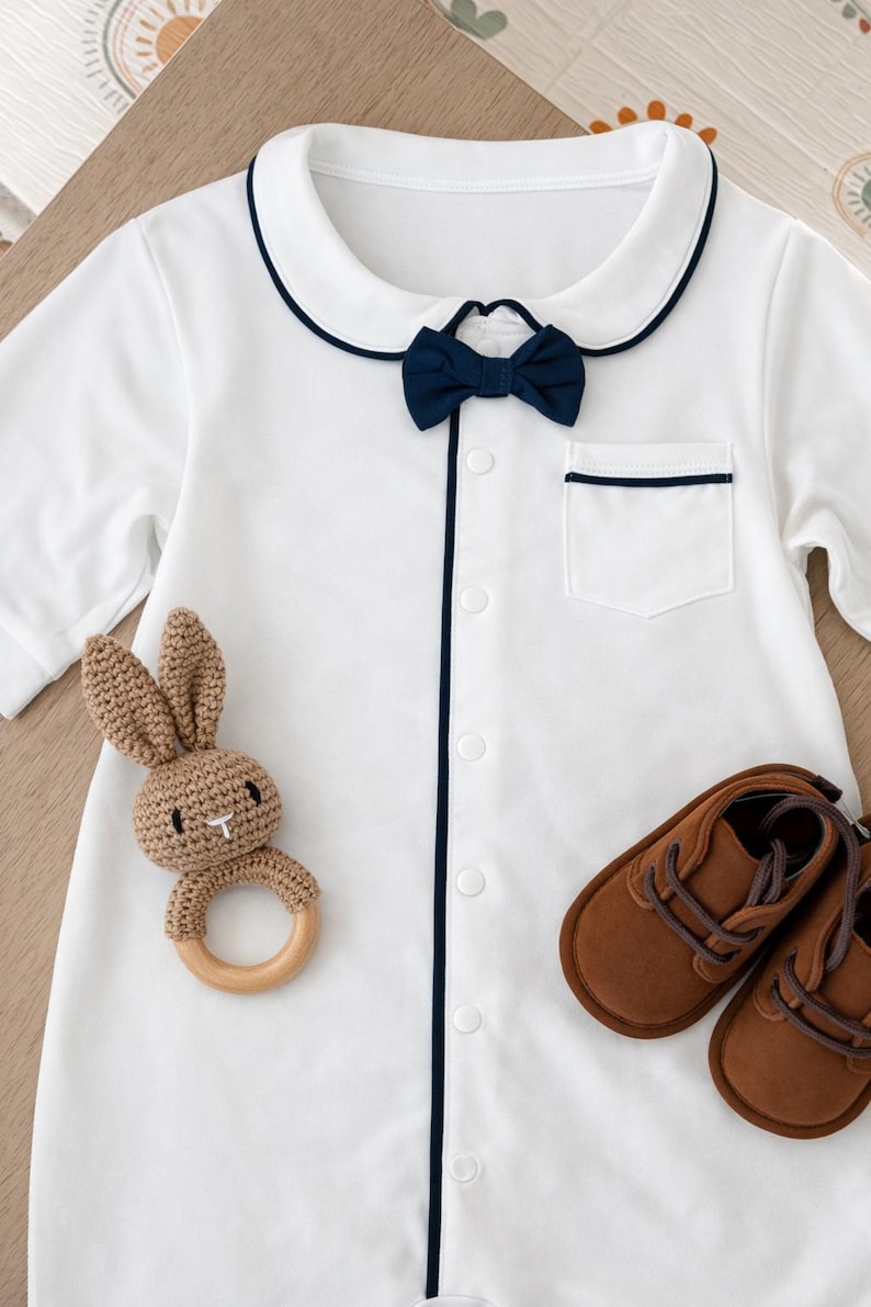 baby gentleman gift set bow onesie. White baby romper with navy blue trim and bow tie. Includes a small pocket and button-up front. A brown crochet bunny teether and brown leather baby shoes are also pictured. little gentleman baby suit gift. baby formal wear. peeky blinders baby gift. baby boy gift ideas. baby bow tie