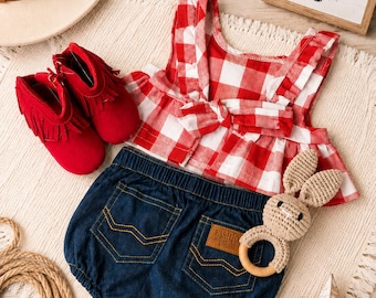Baby Cowgirl Outfit, Western Baby Girl Outfit, Baby girl jeans daisy duke, Cowgirl Baby Clothes, baby cowgirl red boots, baby girl gingham