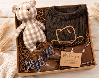 Ensemble-cadeau de bottes de cowboy pour bébé sur le thème de l'ouest du Texas. Annonce de bébé de l'ouest. Tenue de bottes de cowboy pour bébé nouveau-né. Chapeau de cowboy pour bébé.