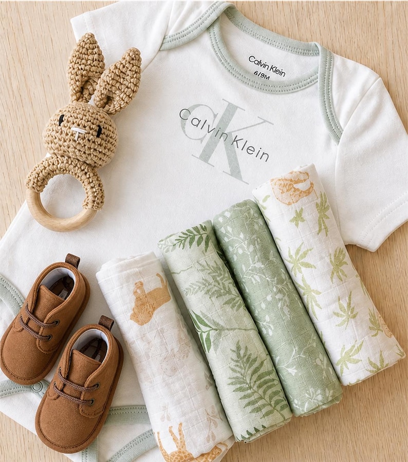 May include: A selection of baby essentials: a white Calvin Klein onesie, a crochet bunny rattle, brown baby shoes, and rolled muslin cloths with botanical and animal patterns. The onesie is size 6/9M. The items are arranged on a light-colored surface. branded baby boy gift set. baby boy hamper set. baby boy Calvin Klein set. baby boy Tommy Hilfiger se