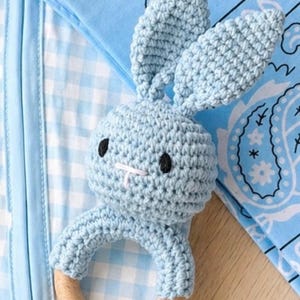 May include: A light blue crochet bunny rattle with a wooden ring base. The bunny has black eyes and a white stitched mouth. The rattle is on a blue and white checkered background with a blue paisley pattern.