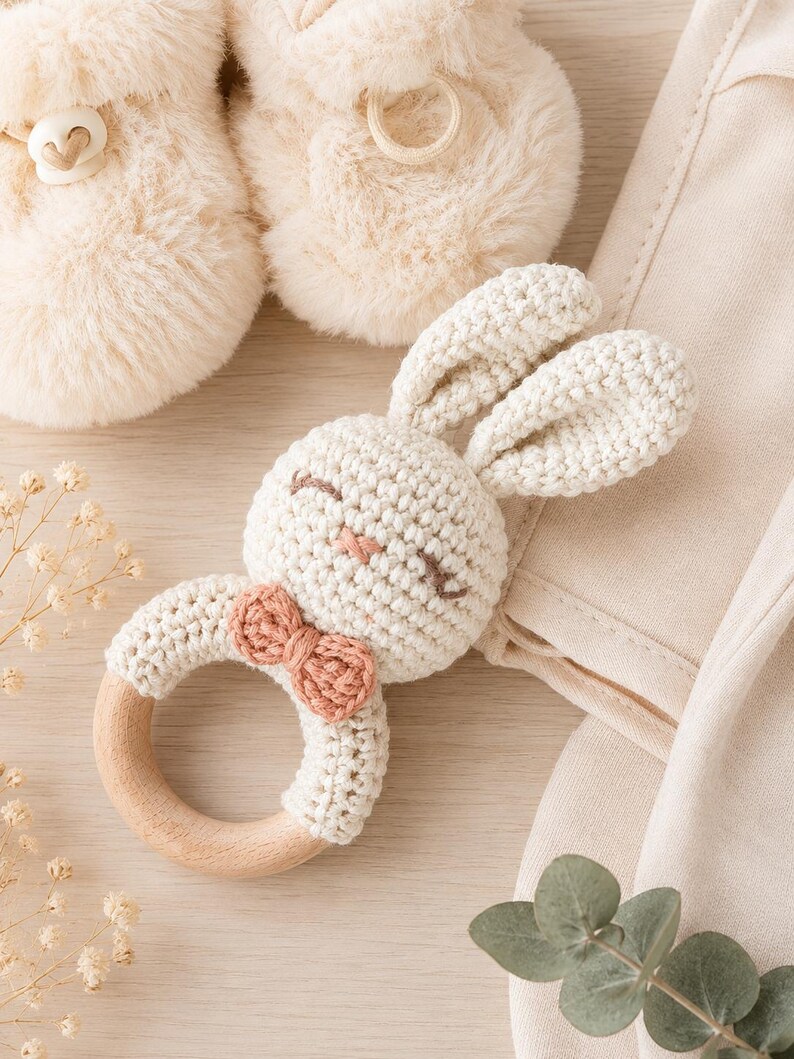 May include: A handmade crochet bunny rattle with a wooden ring. The bunny has cream-colored yarn with a pink bow and embroidered facial features. The rattle is part of a baby set, with matching cream-colored baby booties.