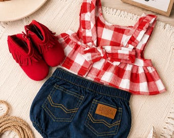 Tenue de cow-girl pour bébé, tenue western pour bébé fille, jeans bébé fille daisy duke, vêtements de cow-girl pour bébé, tenue de bébé à la campagne, cadeau de shower de bébé