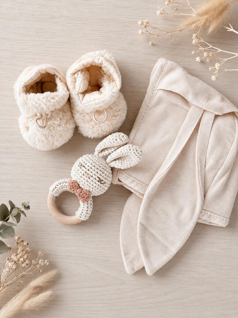 May include: A set of baby items, including cream-colored plush booties, a crocheted bunny rattle with a wooden ring, and a matching bunny ear bonnet. The items are arranged on a light wooden surface, creating a soft and neutral aesthetic.