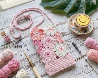 Borsa per cellulare con fiore all'uncinetto - Borsa a tracolla fatta a mano - Rosa