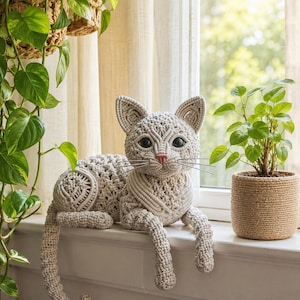 Cat Macrame Pattern PDF, DIY Sleeping Cat Tutorial, Realistic Feline Fiber Art, Boho Home Decor, Digital Download