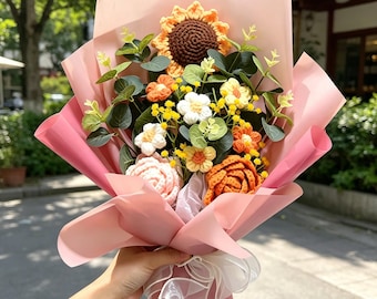 Handmade Knitted Crochet Forever Flower Bouquet - Roses Sunflowers - Perfect Gift for Graduation & Mother's Day