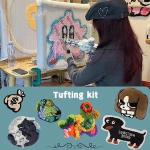 May include: A person using a tufting gun to create a pink and blue rug with a cartoon design. The image also shows several finished tufted rugs with various designs, including a money bag, cats, and dogs. The text "Tufting kit" is displayed.