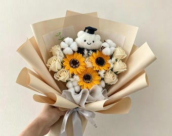 Handmade Preserved Sunflower Graduation Bouquet - White,Blue,Pink,Yellow,Handmade personalized keepsake sympathy Gift