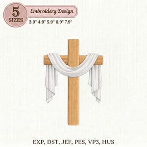 Christian Cross Embroidery Design – Wooden Texture, Draped Cloth (Instant Download)