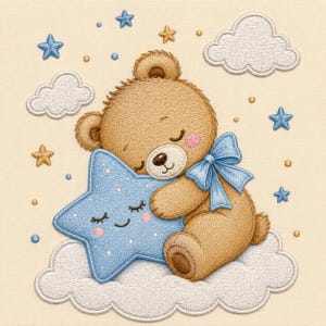 May include: An embroidery design featuring a brown teddy bear with a blue bow, sleeping while hugging a smiling blue star. The scene includes white clouds, small blue and gold stars, and tiny dots on a light cream background, creating a soft aesthetic.