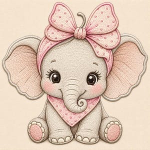 Ricamo di un elefantino, con fiocco rosa, motivo decorativo per la cameretta (download digitale)