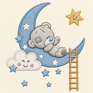 May include: An embroidered design featuring a gray teddy bear with a patch on its head resting on a blue crescent moon. The scene includes a smiling white cloud, a yellow star with a face, several blue stars, and a brown wooden ladder.