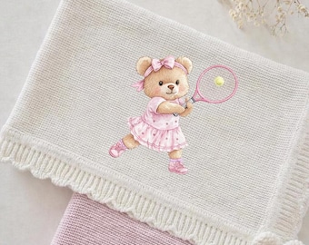 Tennisbeer borduurontwerp, schattige teddybeer meisje sport borduurbestand, instant download zomertijd PES