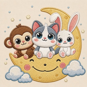 May include: An embroidery design featuring a brown monkey, a gray and white cat, and a white rabbit sitting on a smiling yellow crescent moon. The scene includes light blue clouds and small yellow stars scattered against a cream background.