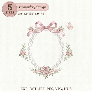 May include: An embroidery design with a pink bow, floral details, and a butterfly. The design includes an oval frame with a lace-like border. Sizes range from 9.9 to 20.1 cm. The design is labeled as an embroidery design.