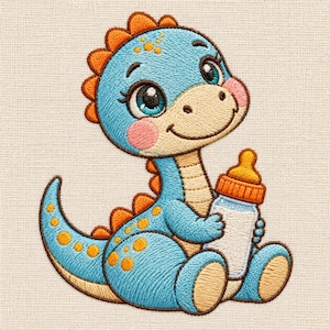 May include: An embroidered patch featuring a light blue baby dinosaur with a cream-colored belly, orange dorsal plates, and pink cheeks. The dinosaur has large dark eyes and is holding a white baby bottle with an orange cap and nipple.