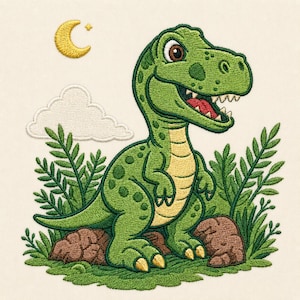 May include: An embroidered design featuring a green Tyrannosaurus Rex with a cream-colored belly, standing on brown rocks amidst green foliage. Above the dinosaur, a yellow crescent moon and a small star are visible, alongside a white cloud.