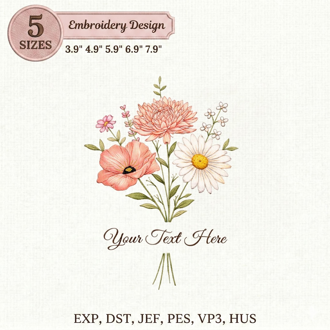 Floral Bouquet Embroidery Design, Wildflower Script Text, Personalized ...