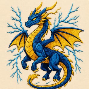 May include: An embroidered patch featuring a blue and gold dragon with a geometric pattern. The dragon is surrounded by light blue lightning bolt designs. The creature has yellow eyes, sharp claws, and wings with gold centers and blue borders.