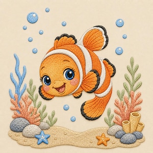 Puede incluir: Un parche bordado que muestra un pez payaso naranja y blanco con grandes ojos azules, rodeado de burbujas azules, algas verdes, coral rosa, piedras grises y dos pequeñas estrellas de mar sobre un fondo beige arena.