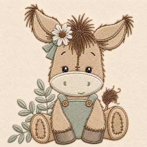May include: An embroidery design of a tan donkey wearing sage green overalls. The donkey has a white muzzle, dark brown hair, and a white daisy flower with a sage green ribbon on its head. Sage green leaves are positioned to the left side.